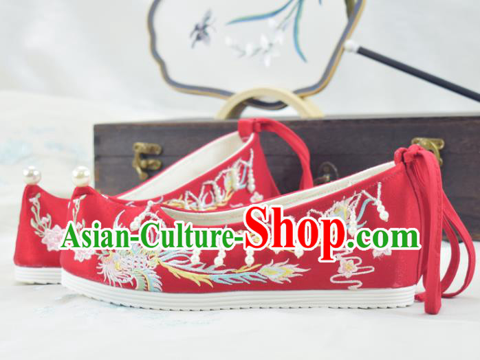 China National Wedding Beads Tassel Shoes Traditional Women Hanfu Shoes Red Embroidered Shoes