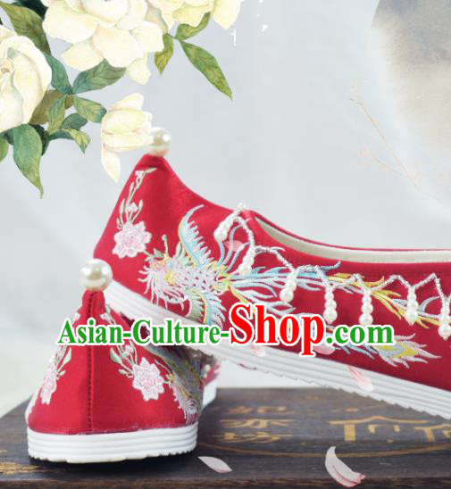 China National Wedding Beads Tassel Shoes Traditional Women Hanfu Shoes Red Embroidered Shoes