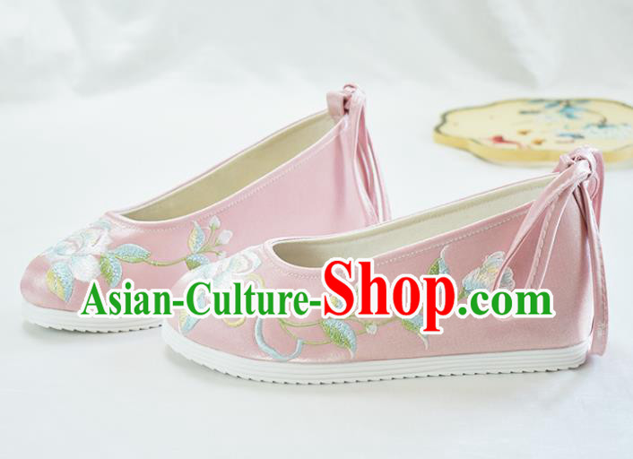 China National Pink Cloth Shoes Traditional Women Hanfu Shoes Embroidered Peony Shoes