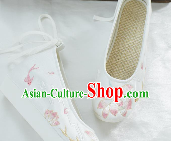China Women White Satin Shoes Traditional Embroidered Lotus Shoes National Shoes