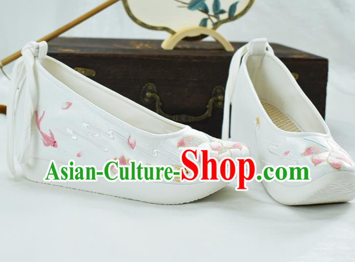 China Women White Satin Shoes Traditional Embroidered Lotus Shoes National Shoes