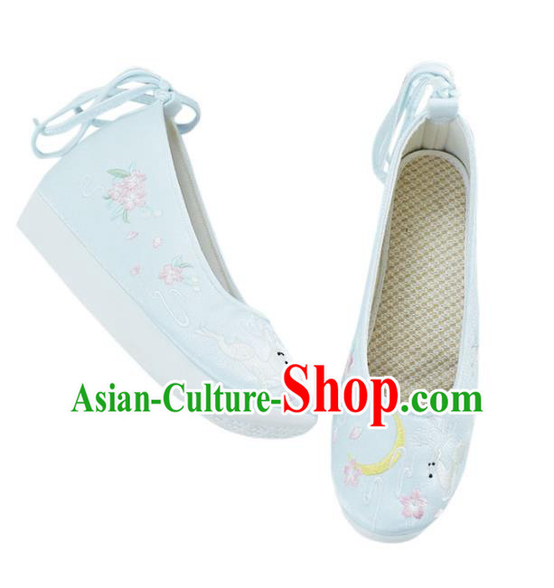 China Women Light Blue Satin Shoes National Shoes Traditional Embroidered Deer Shoes