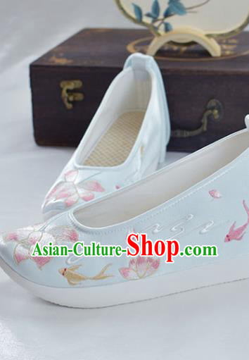 China National Shoes Traditional Embroidered Lotus Shoes Women Light Blue Satin Shoes