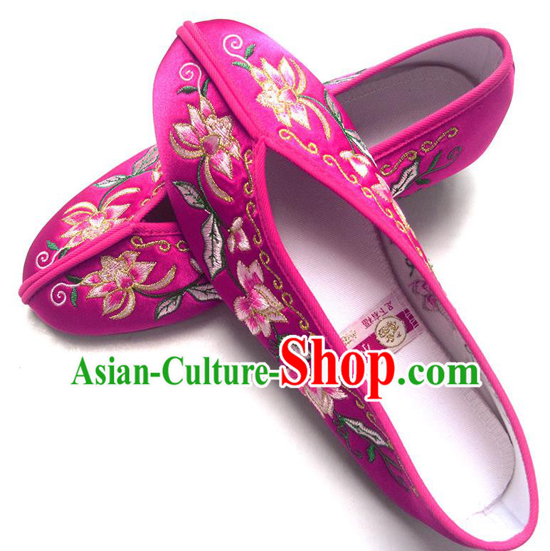 China National Shoes Traditional Rosy Satin Shoes Embroidered Flowers Shoes