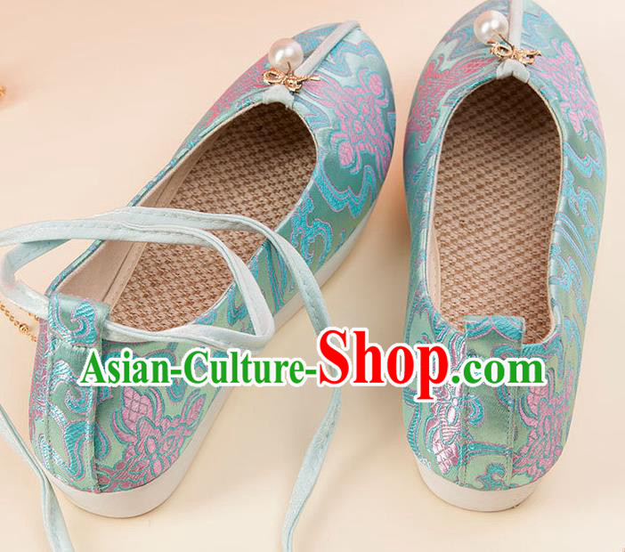 China Handmade Light Green Brocade Shoes Traditional Hanfu Shoes Classical National Shoes