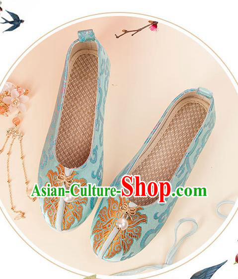 China Handmade Light Green Brocade Shoes Traditional Hanfu Shoes Classical National Shoes