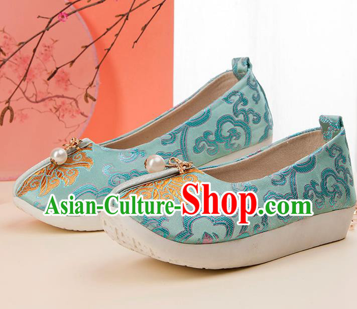 China Handmade Light Green Brocade Shoes Traditional Hanfu Shoes Classical National Shoes