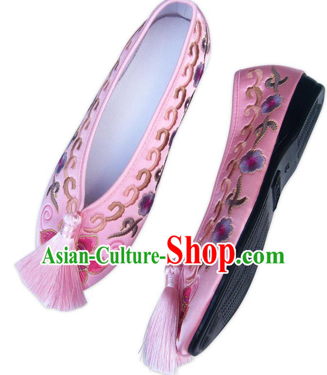 China Traditional Wedding Shoes National Women Shoes Embroidered Plum Blossom Pink Satin Shoes