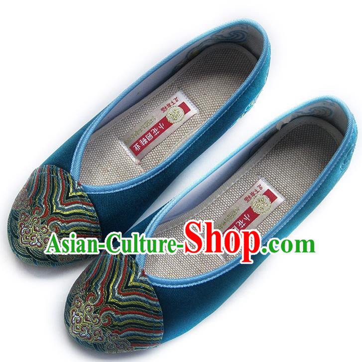 China National Women Shoes Embroidered Blue Satin Shoes Traditional Wedding Bride Shoes