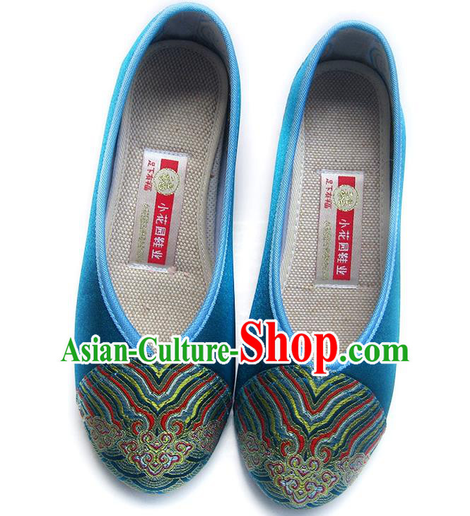 China National Women Shoes Embroidered Blue Satin Shoes Traditional Wedding Bride Shoes