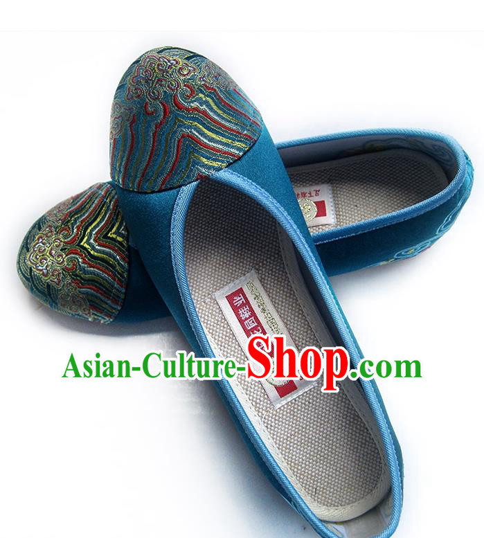 China National Women Shoes Embroidered Blue Satin Shoes Traditional Wedding Bride Shoes