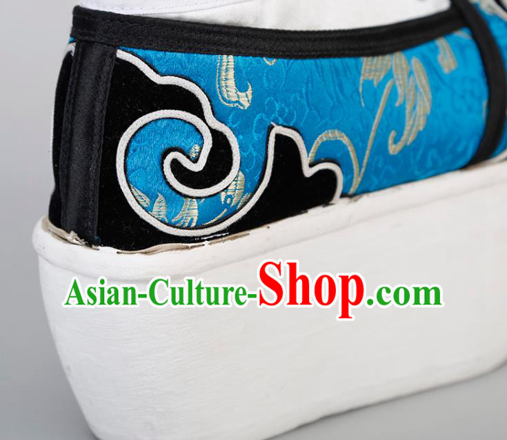 Chinese Traditional Beijing Opera Niche Shoes Handmade Ancient Scholar Blue Brocade Shoes