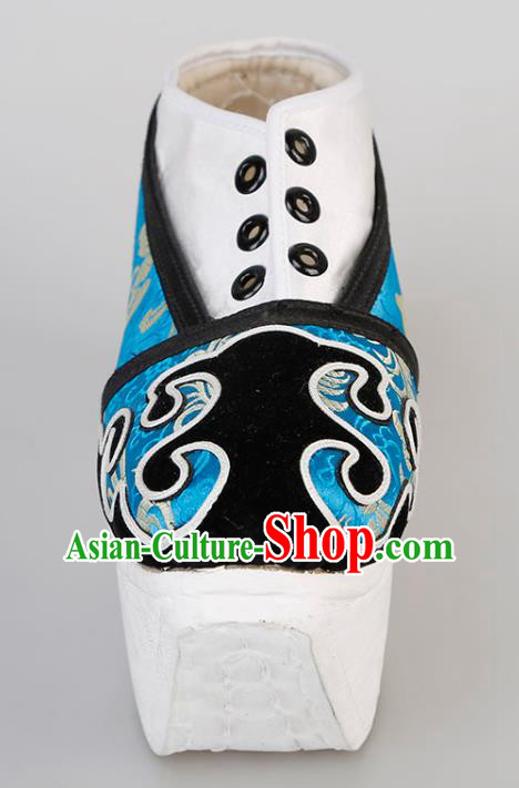 Chinese Traditional Beijing Opera Niche Shoes Handmade Ancient Scholar Blue Brocade Shoes