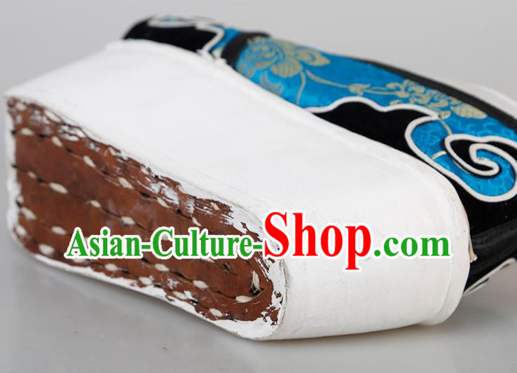 Chinese Traditional Beijing Opera Niche Shoes Handmade Ancient Scholar Blue Brocade Shoes