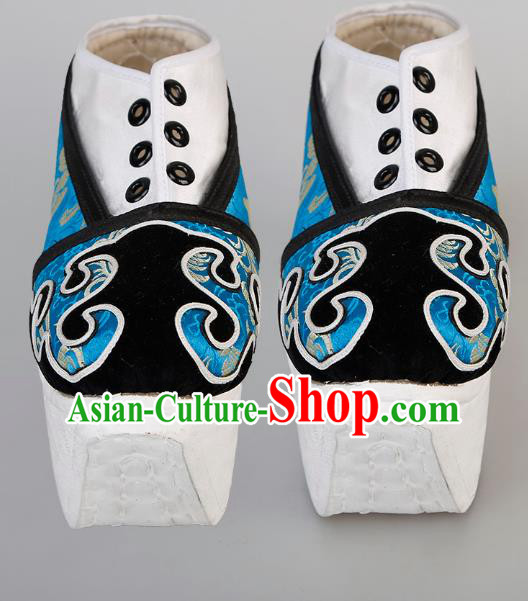 Chinese Traditional Beijing Opera Niche Shoes Handmade Ancient Scholar Blue Brocade Shoes