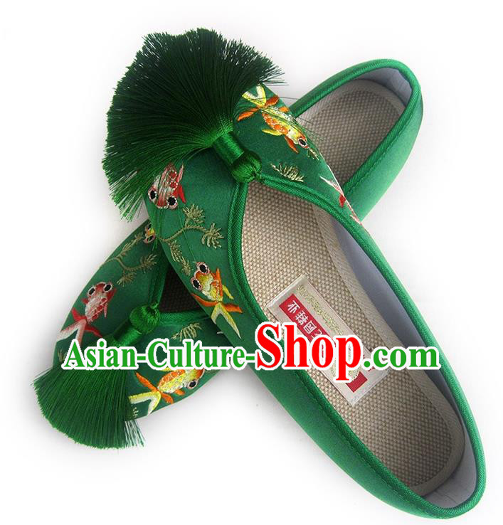 China Embroidered Goldfish Shoes National Shoes Traditional Green Satin Shoes