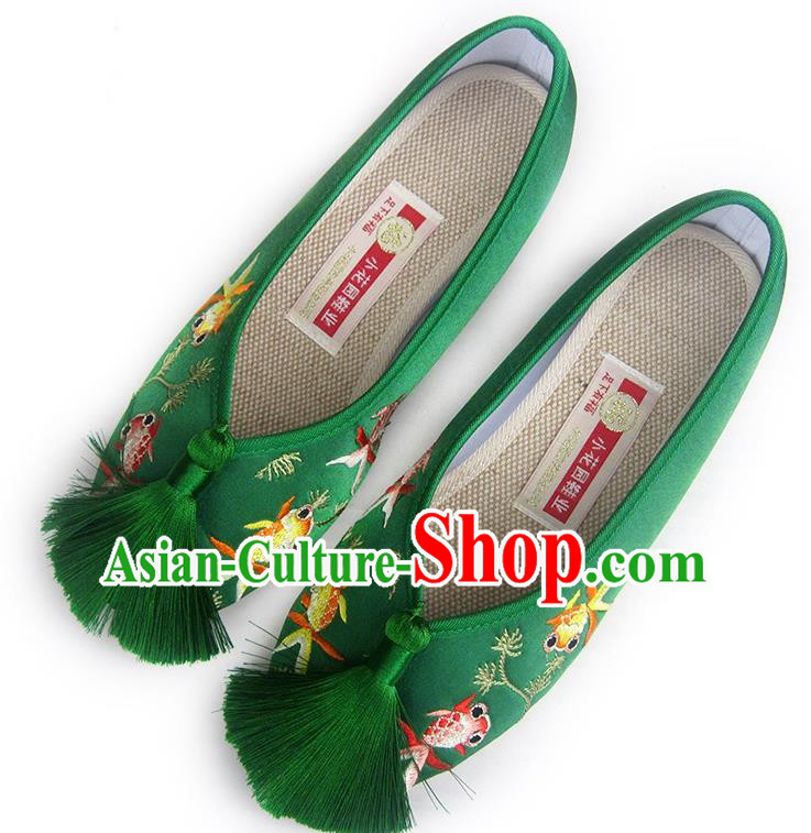 China Embroidered Goldfish Shoes National Shoes Traditional Green Satin Shoes