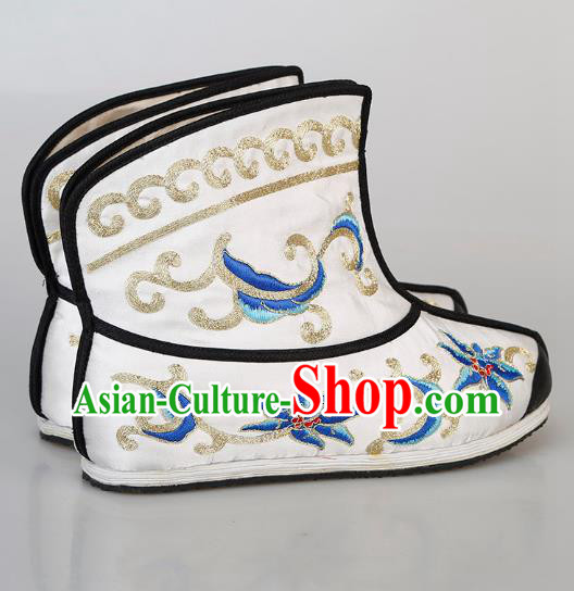 Chinese Handmade Embroidered White Boots Traditional Beijing Opera Martial Arts Men Shoes