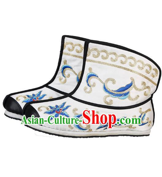 Chinese Handmade Embroidered White Boots Traditional Beijing Opera Martial Arts Men Shoes