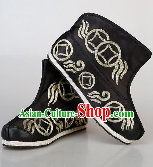 Chinese Handmade Ancient Swordsman Embroidered Black Boots Traditional Beijing Opera Warrior Shoes