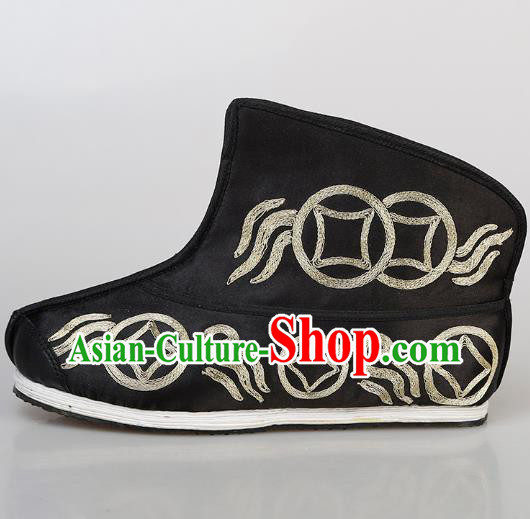 Chinese Handmade Ancient Swordsman Embroidered Black Boots Traditional Beijing Opera Warrior Shoes