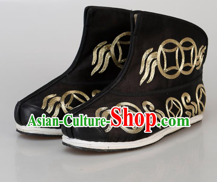 Chinese Handmade Ancient Swordsman Embroidered Black Boots Traditional Beijing Opera Warrior Shoes