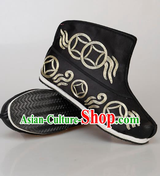 Chinese Handmade Ancient Swordsman Embroidered Black Boots Traditional Beijing Opera Warrior Shoes
