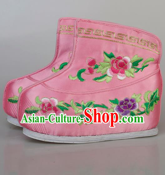 China Ancient Swordswoman Pink Satin Shoes Traditional Peking Opera Blues Embroidered Boots