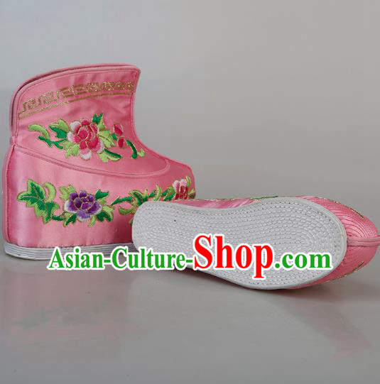 China Ancient Swordswoman Pink Satin Shoes Traditional Peking Opera Blues Embroidered Boots
