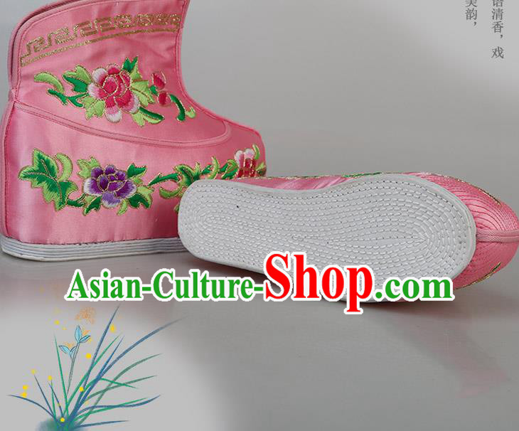 China Ancient Swordswoman Pink Satin Shoes Traditional Peking Opera Blues Embroidered Boots