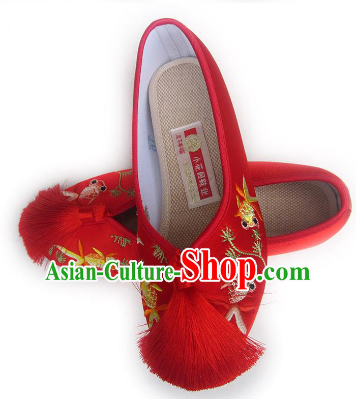 China Traditional Red Satin Shoes Embroidered Goldfish Shoes National Wedding Shoes