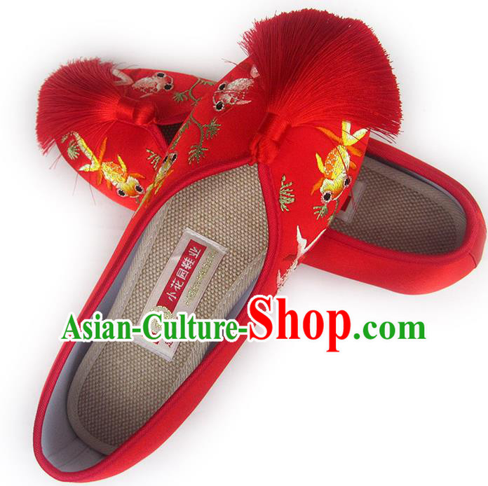 China Traditional Red Satin Shoes Embroidered Goldfish Shoes National Wedding Shoes