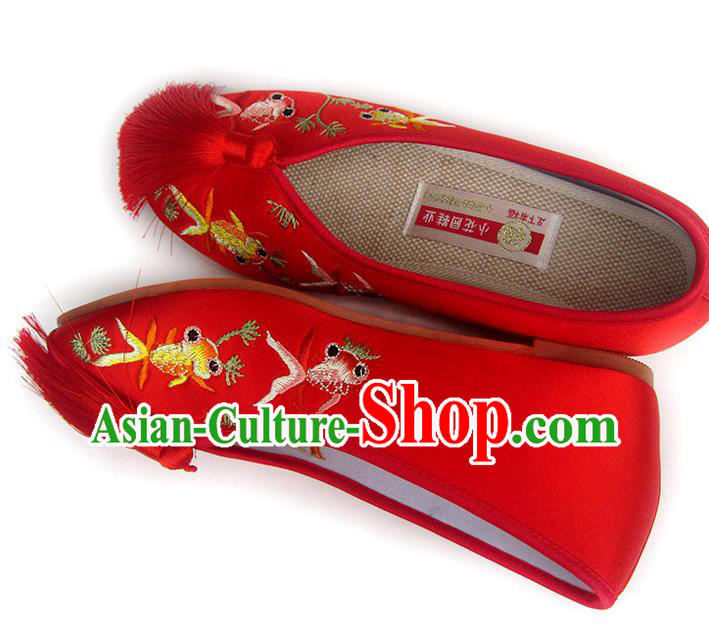 China Traditional Red Satin Shoes Embroidered Goldfish Shoes National Wedding Shoes