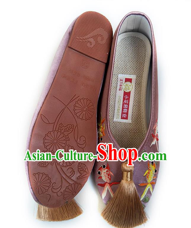 China National Wedding Shoes Traditional Lilac Satin Shoes Embroidered Goldfish Shoes