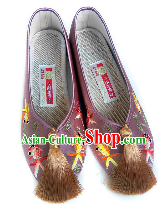 China National Wedding Shoes Traditional Lilac Satin Shoes Embroidered Goldfish Shoes