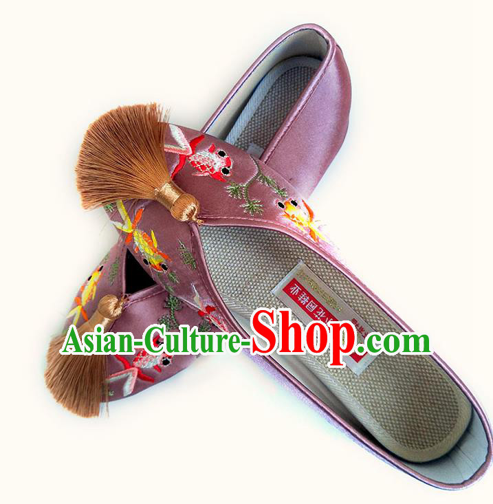 China National Wedding Shoes Traditional Lilac Satin Shoes Embroidered Goldfish Shoes