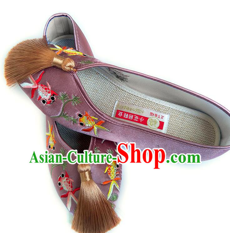 China National Wedding Shoes Traditional Lilac Satin Shoes Embroidered Goldfish Shoes