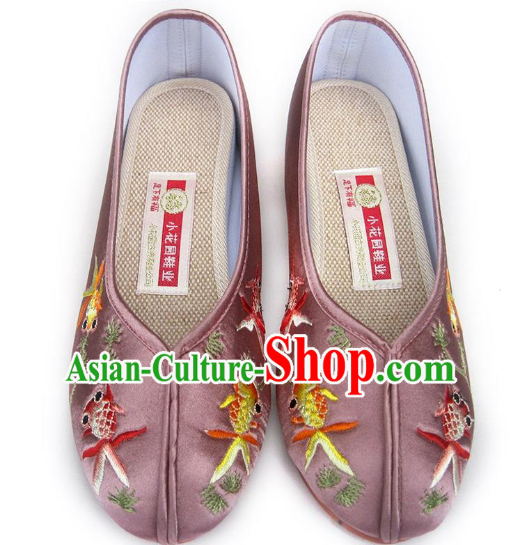China Embroidered Cameo Brown Satin Shoes Traditional Wedding Shoes National Beijing Shoes