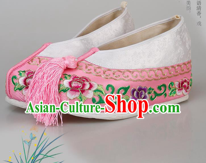 China Ancient Princess Pink Satin Shoes Traditional Peking Opera Diva Embroidered Peony Shoes