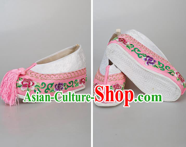China Ancient Princess Pink Satin Shoes Traditional Peking Opera Diva Embroidered Peony Shoes