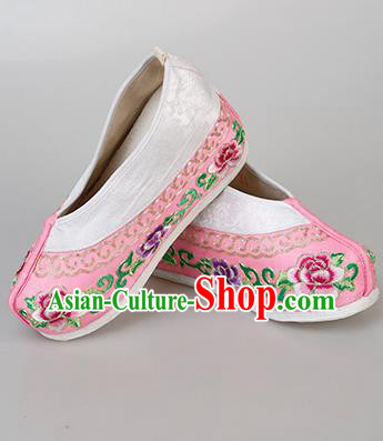China Ancient Princess Pink Satin Shoes Traditional Peking Opera Diva Embroidered Peony Shoes