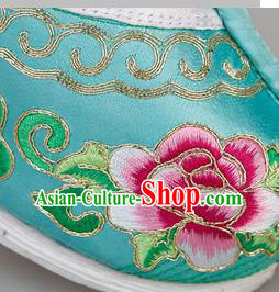 China Traditional Peking Opera Diva Embroidered Peony Shoes Ancient Princess Blue Satin Shoes
