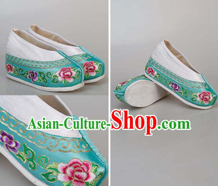 China Traditional Peking Opera Diva Embroidered Peony Shoes Ancient Princess Blue Satin Shoes