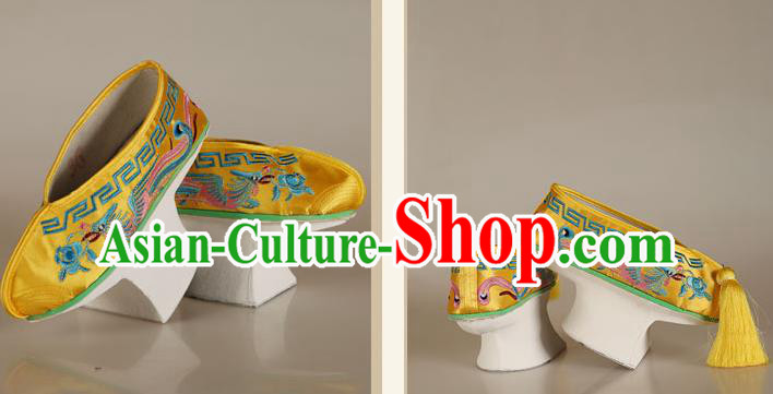 China Traditional Peking Opera Actress Shoes Ancient Qing Dynasty Princess Embroidered Yellow Satin Shoes