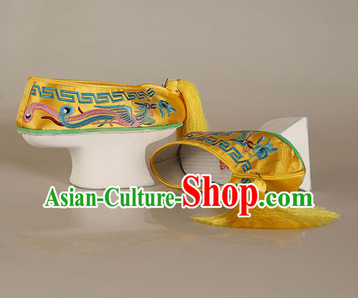 China Traditional Peking Opera Actress Shoes Ancient Qing Dynasty Princess Embroidered Yellow Satin Shoes