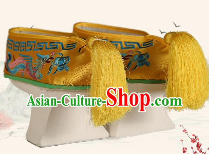 China Traditional Peking Opera Actress Shoes Ancient Qing Dynasty Princess Embroidered Yellow Satin Shoes