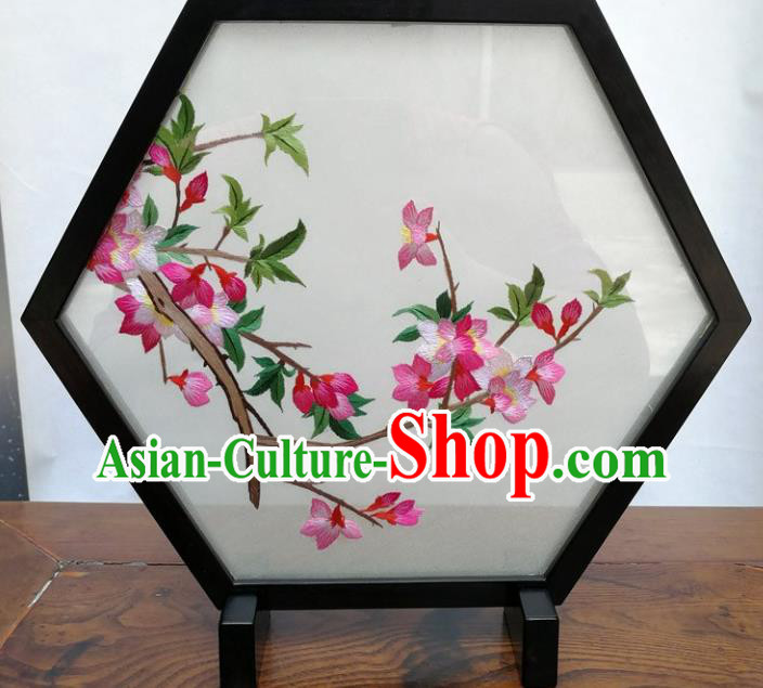 China Traditional Suzhou Embroidered Begonia Table Screen Handmade Hexagon Blackwood Desk Decoration