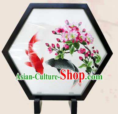 China Handmade Hexagon Blackwood Desk Decoration Traditional Suzhou Embroidered Begonia Carps Table Screen