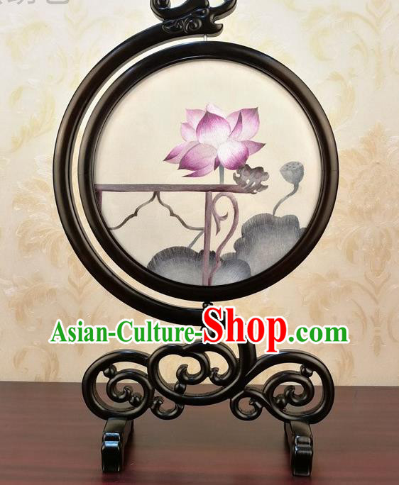 China Traditional Embroidered Lotus Table Screen Handmade Blackwood Desk Ornament Embroidery Silk Craft