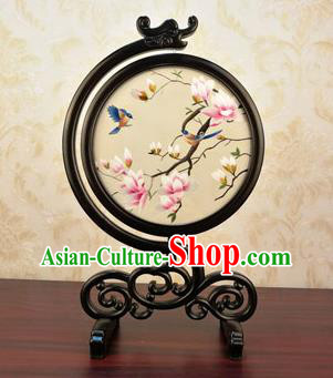 China Handmade Blackwood Desk Ornament Embroidery Silk Craft Traditional Embroidered Mangnolia Birds Table Screen